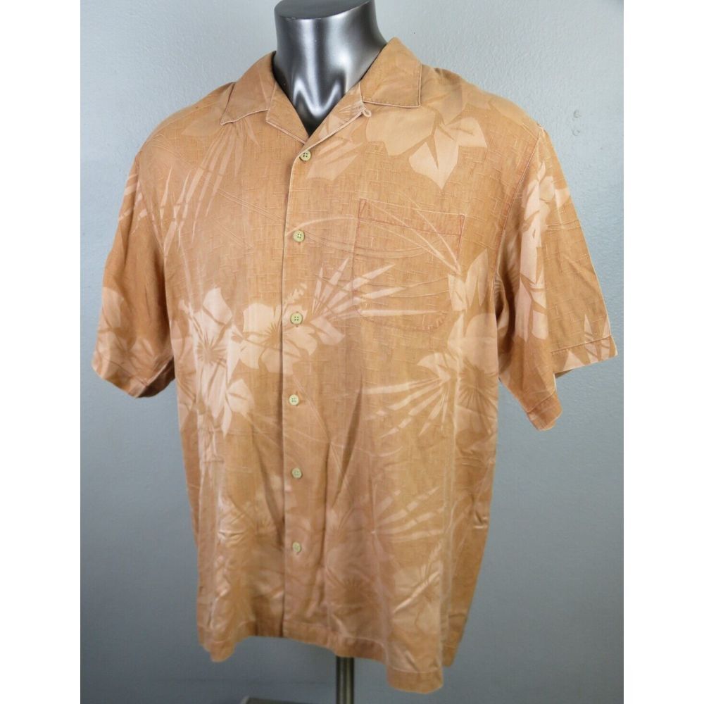 Mens Tommy Bahama Orange Floral Hawaiian Shirt Size L Silk‎ Button Front